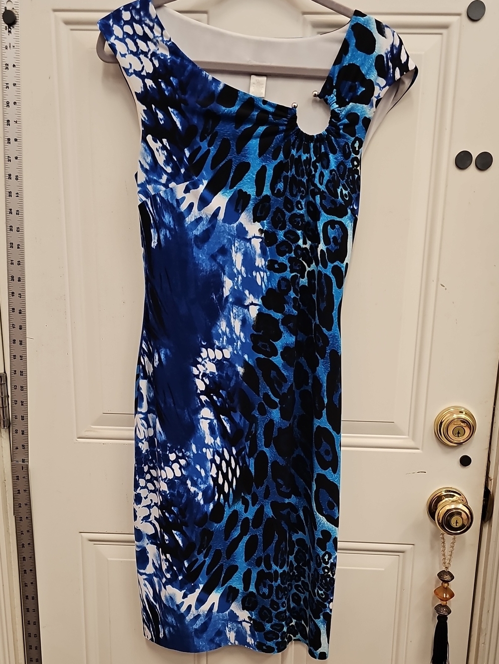 Cache Blue and Black One-Shoulder Printed Sheath Dress